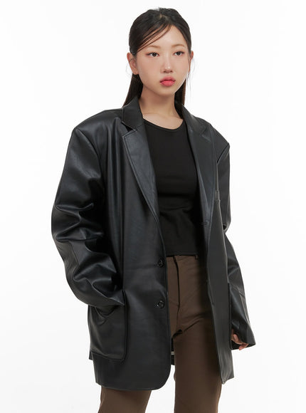 buttoned-oversized-leather-blazer-unisex-cs405 / Black