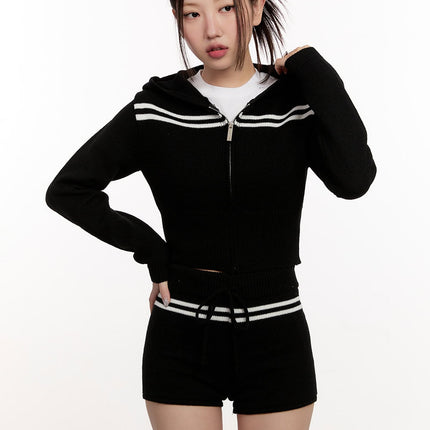knitted-striped-zip-up-hoodie-cm507 / Black