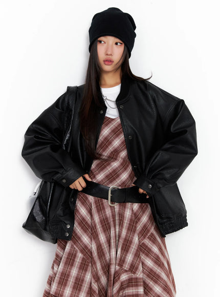 oversized-faux-leather-baseball-jacket-co515 / Black