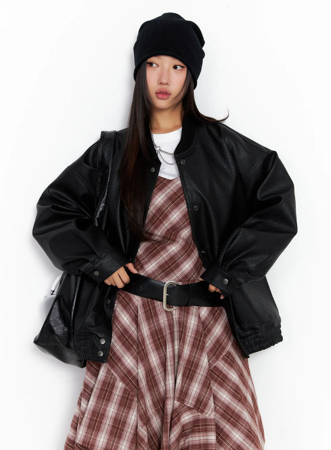 oversized-faux-leather-baseball-jacket-co515 / Black