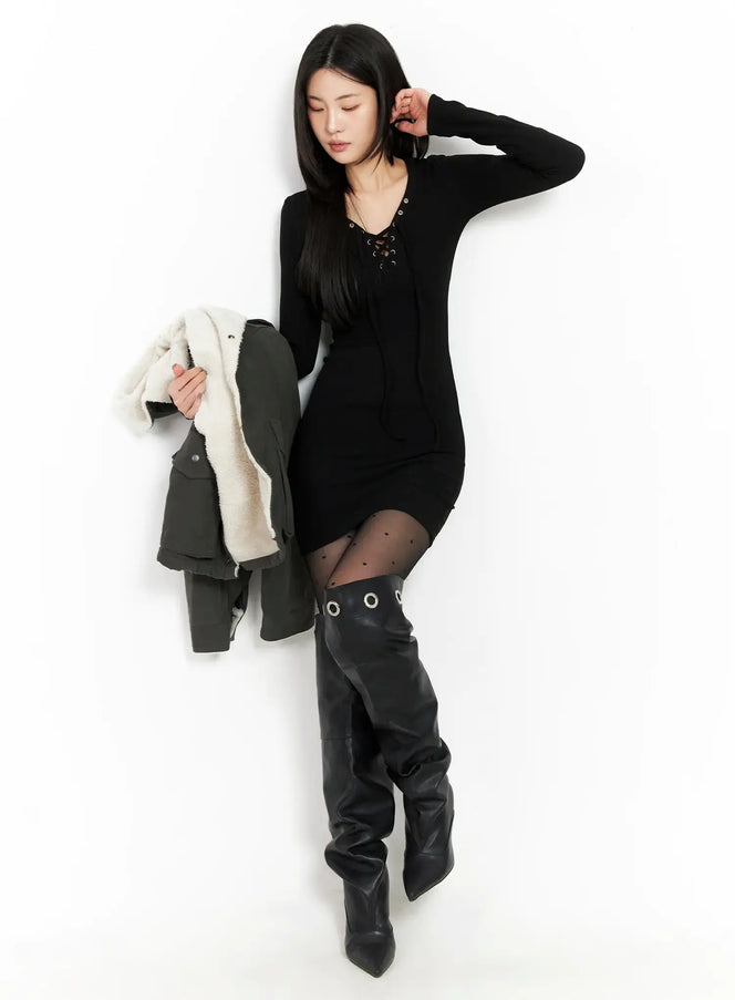 ribbed-lace-up-bodycon-mini-dress-cd508 / Black