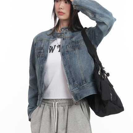 washed-denim-zip-up-rider-jacket-cm519 / Blue