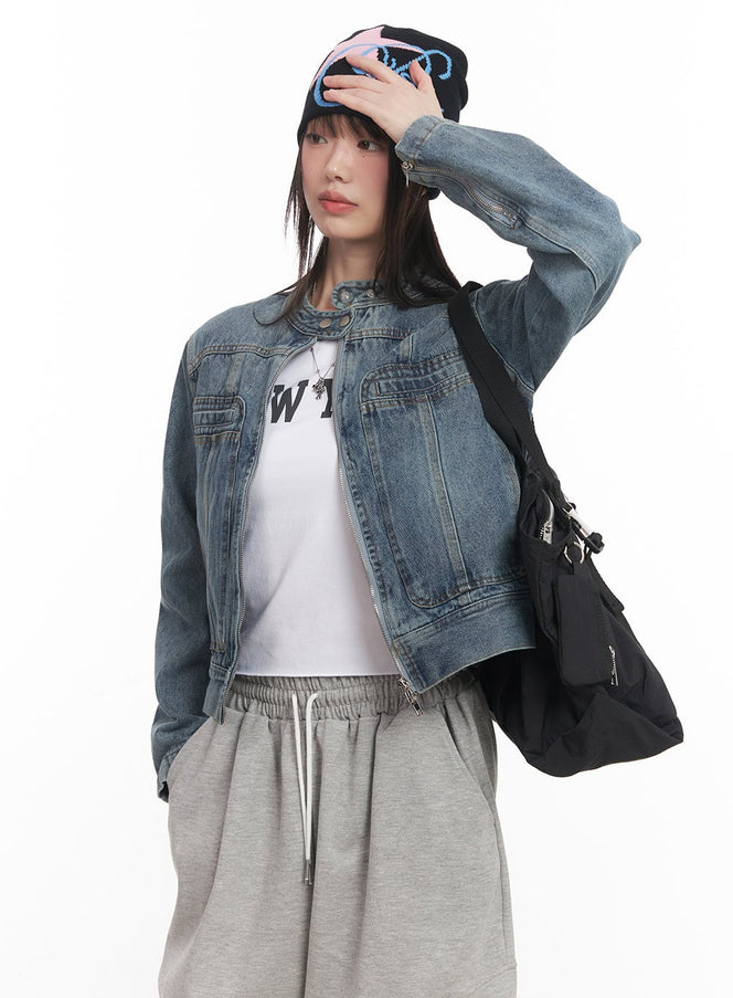 washed-denim-zip-up-rider-jacket-cm519 / Blue