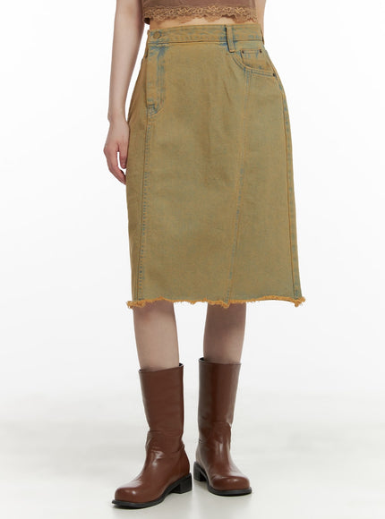 destroyed-hem-midi-denim-skirt-ca412 / Blue