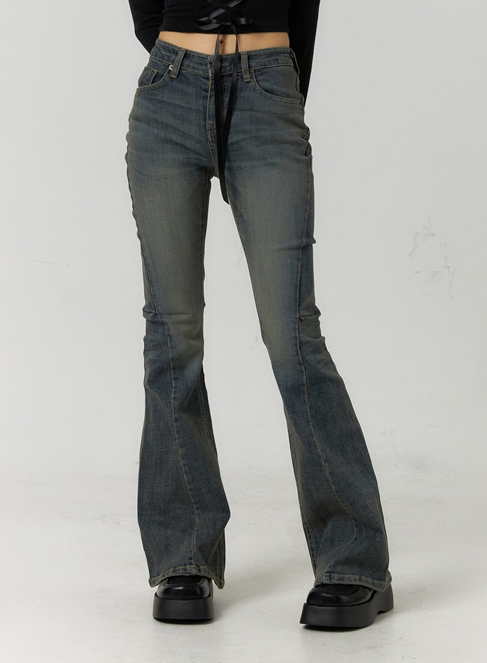 high-waist-slim-washed-bootcut-jeans-cf407 / Blue