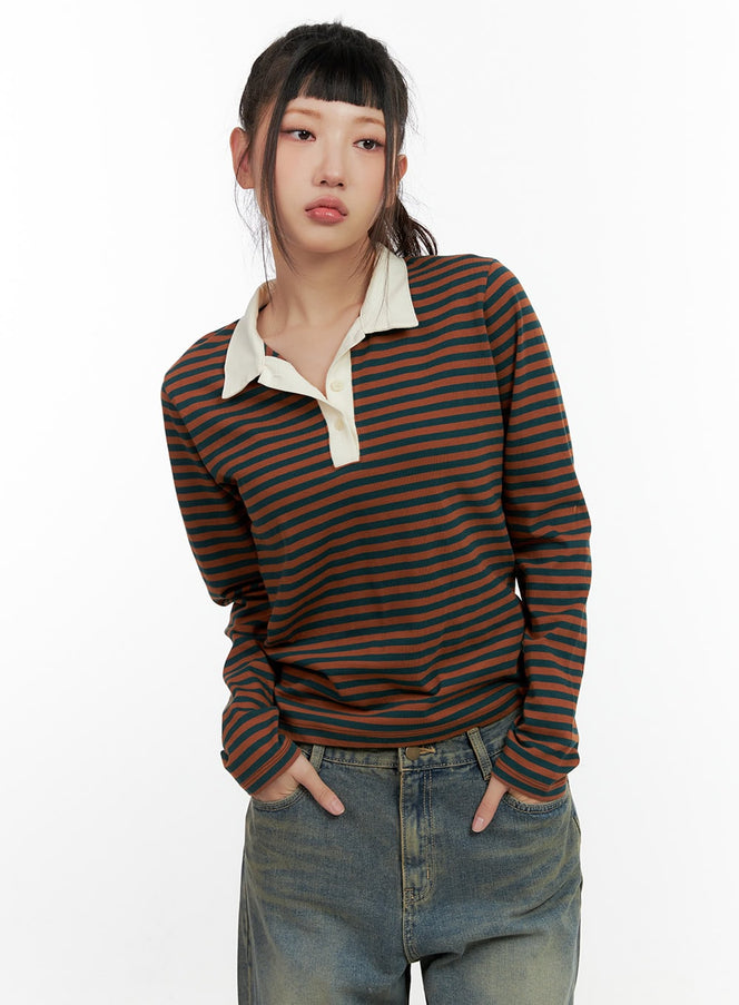 stripe-buttoned-cotton-crop-top-cn405 / Brown