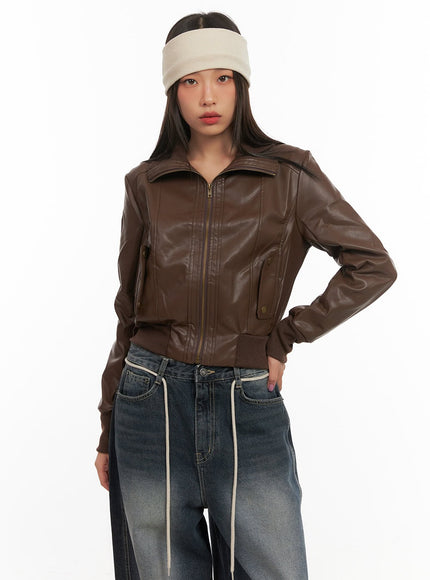 long-sleeve-faux-leather-zip-jacket-cd409 / Brown