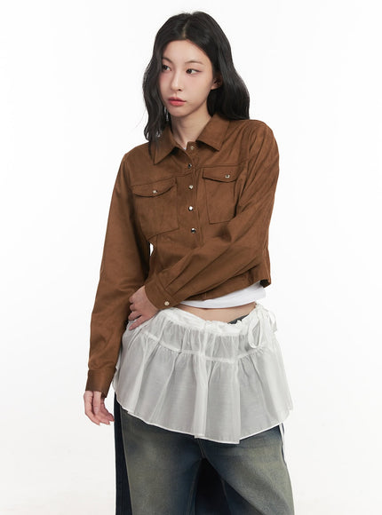 suede-collared-long-sleeve-crop-shirt-cf513 / Brown