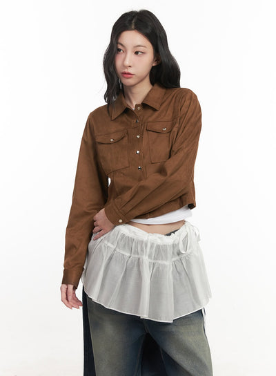 suede-collared-long-sleeve-crop-shirt-cf513 / Brown