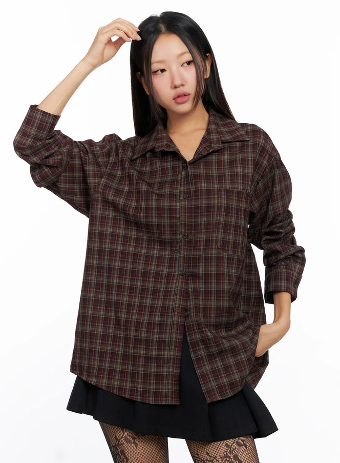 oversized-plaid-long-sleeve-shirt-co515 / Brown