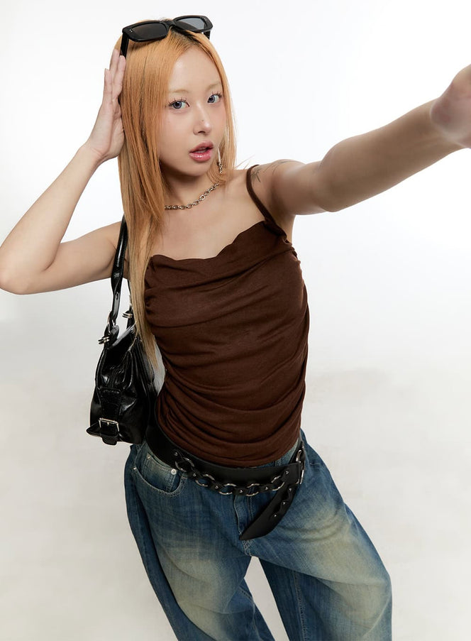 shirred-cowl-neck-cami-top-cy501 / Brown