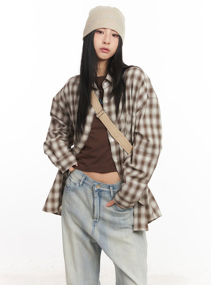 oversized-plaid-print-button-down-shirt-ca514 / Brown