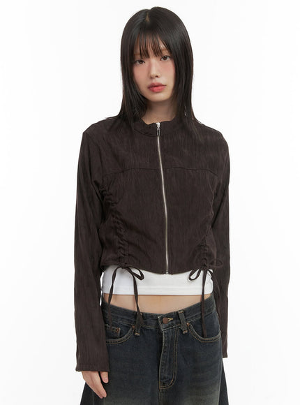 shirred-suede-slim-crop-jacket-co410 / Brown