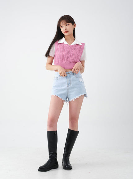 Distressed Raw Hem Denim Shorts CA27