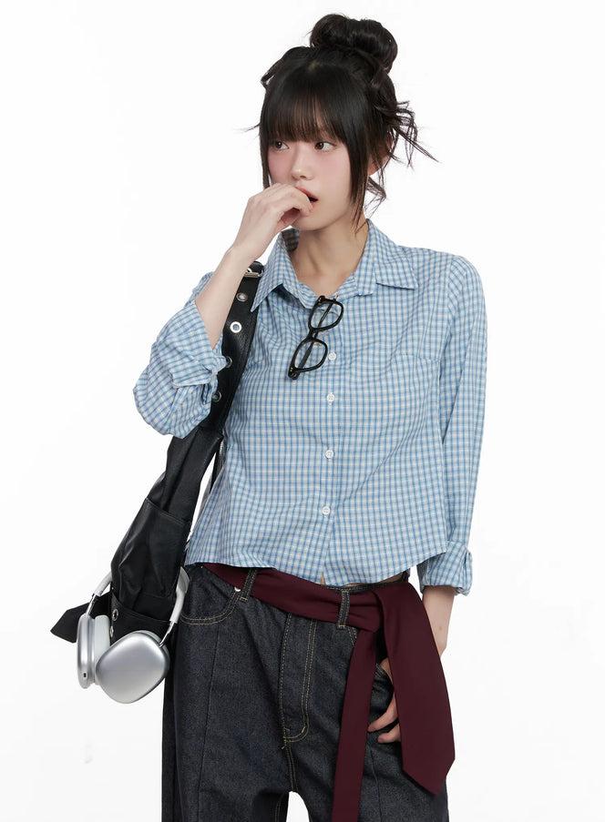 plaid-button-up-crop-shirt-cg518 / Check