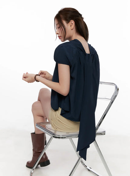 shirred-ribbon-short-sleeve-blouse-cl523 / Dark blue