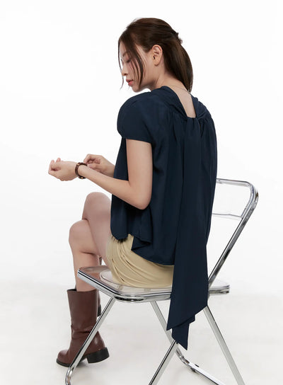 shirred-ribbon-short-sleeve-blouse-cl523 / Dark blue