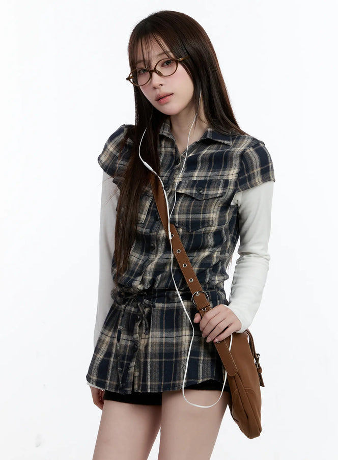 plaid-short-sleeve-mini-dress-cn525 / Dark blue