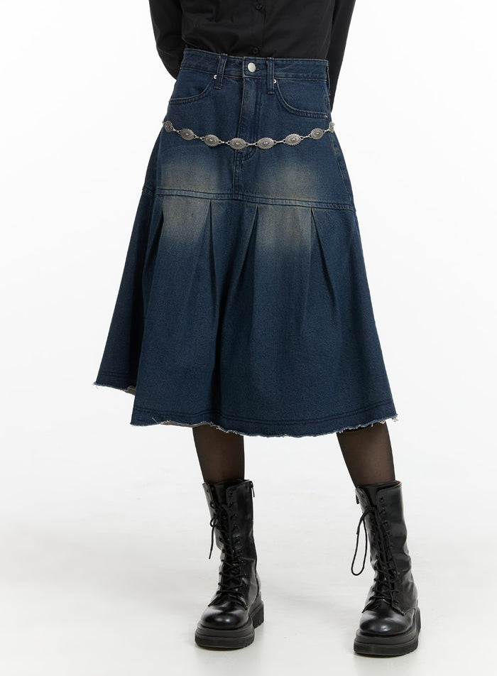 flare-pleated-midi-denim-skirt-cm413 / Dark blue