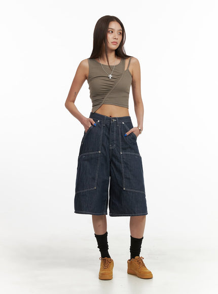 denim-stitch-pocket-wide-leg-jorts-cy424 / Dark blue