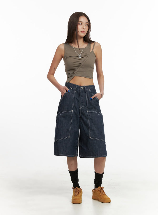 denim-stitch-pocket-wide-leg-jorts-cy424 / Dark blue