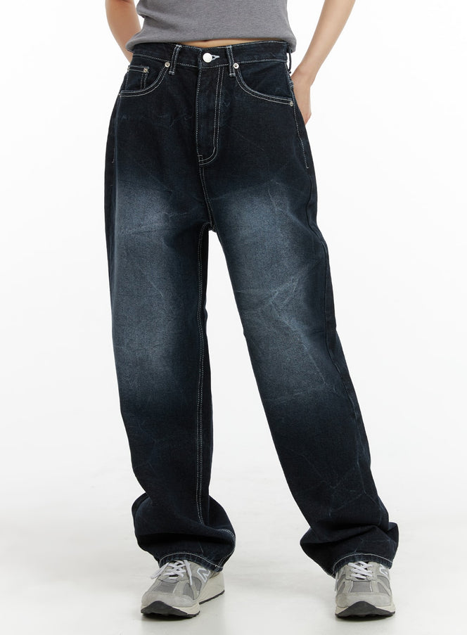 graphic-lettering-dark-washed-baggy-jeans-cm412 / Dark blue