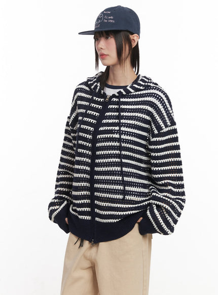 Striped Zip-Up Oversized Hooded Sweater CM520