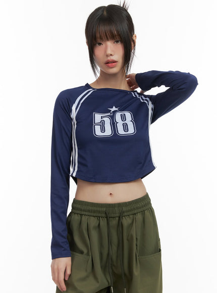 slim-fit-number-print-cropped-long-sleeve-top-co410 / Dark blue