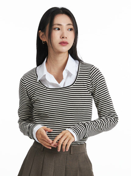 u-neck-stripe-long-sleeve-tee-oo319 / Dark brown
