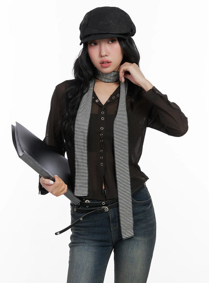 sheer-button-up-collar-blouse-cn514 / Brown