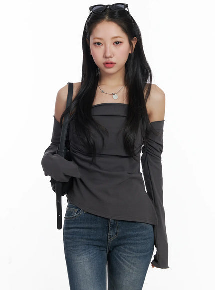 elegant-off-shoulder-shirred-top-cj515 / Dark gray