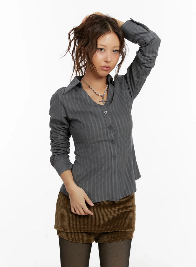 elegant-striped-v-neck-blouse-cd517 / Dark gray