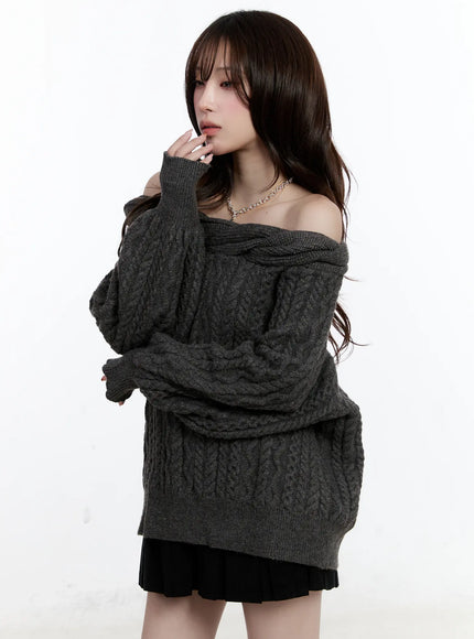 cable-knit-off-shoulder-sweater-cn525 / Dark gray