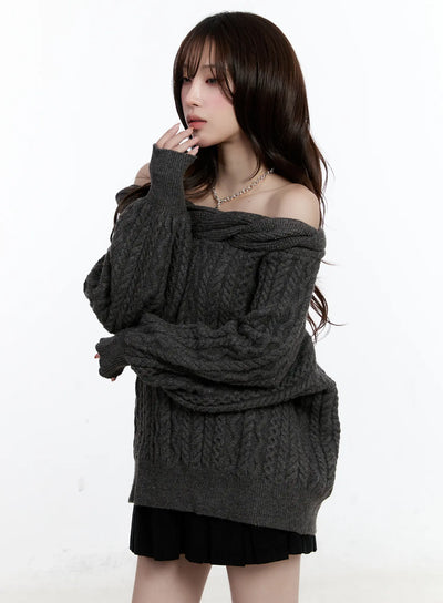 cable-knit-off-shoulder-sweater-cn525 / Dark gray
