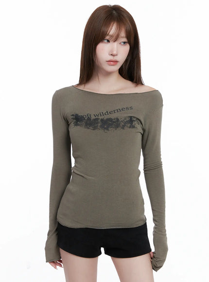 off-shoulder-graphic-long-sleeve-top-cg529 / Dark green