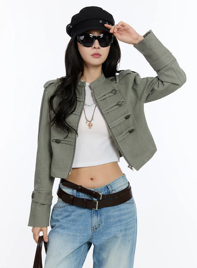 military-style-cropped-jacket-ca508 / Dark green