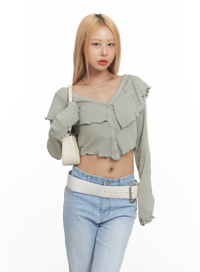 Frill Layered Long-Sleeve Button Crop Top CM505