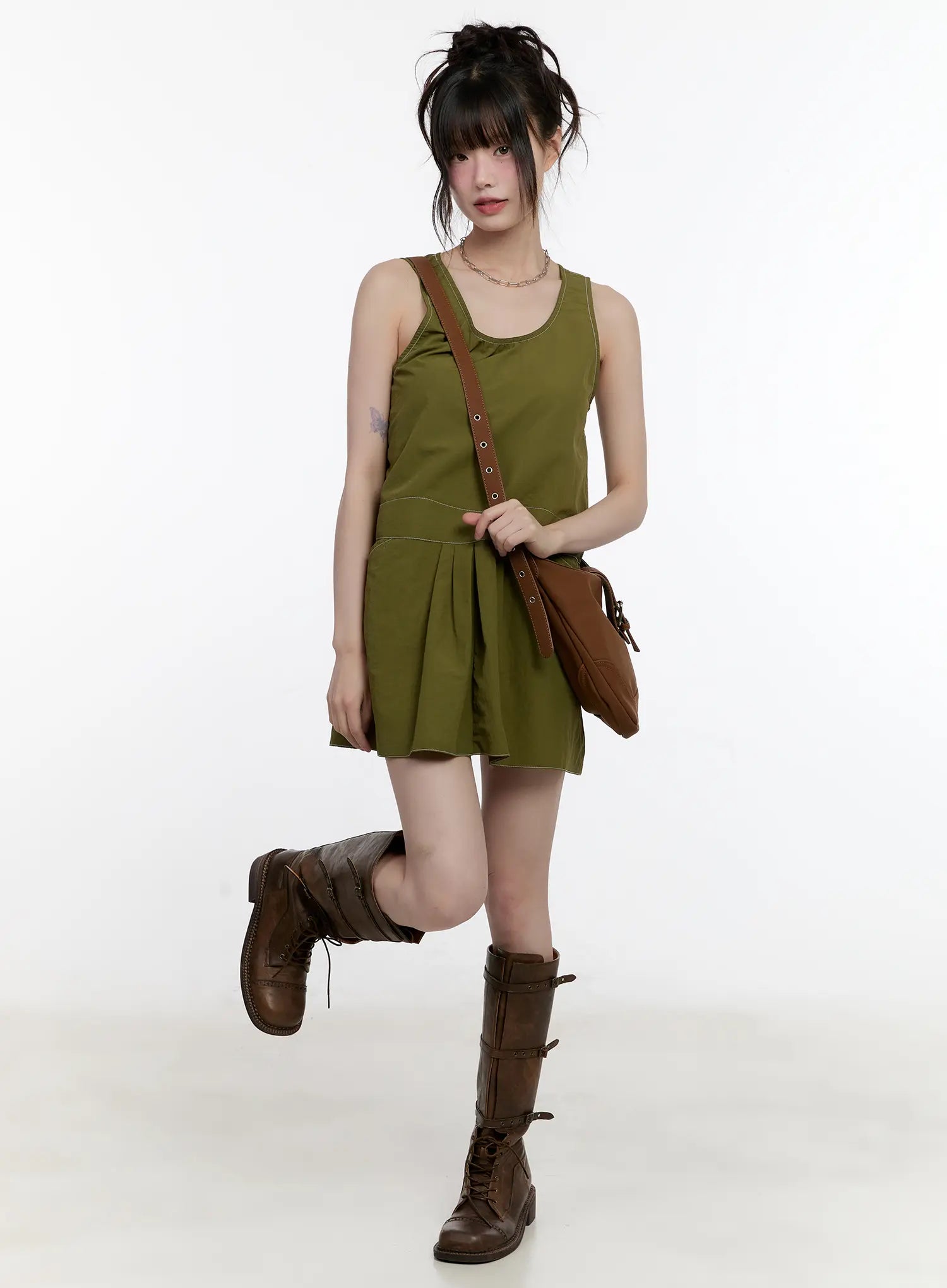 olive-green-pintuck-mini-dress-cl507 / Dark green