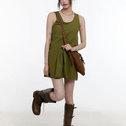 olive-green-pintuck-mini-dress-cl507 / Dark green