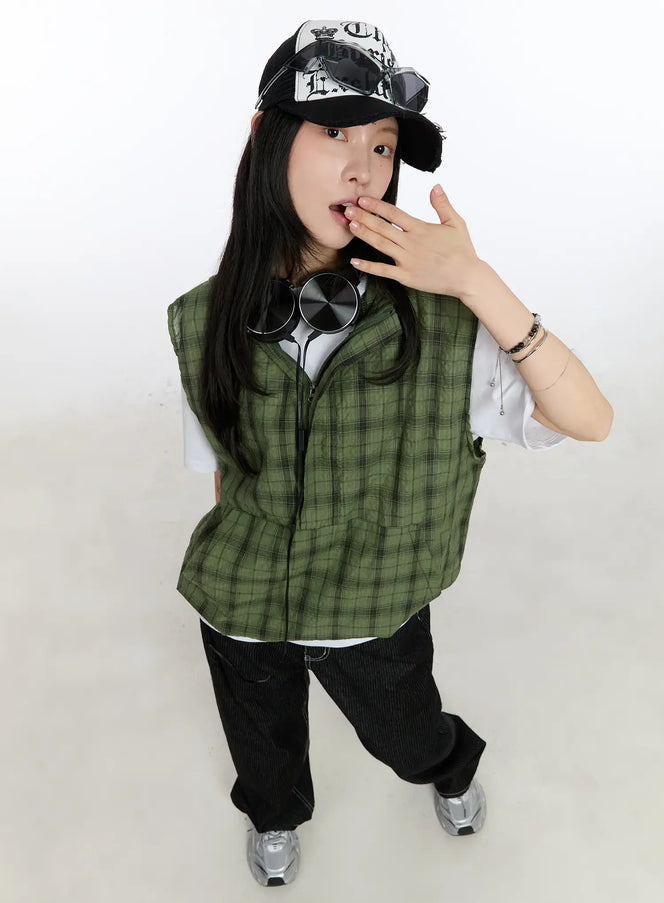 checkered-hooded-vest-ca506 / Dark green