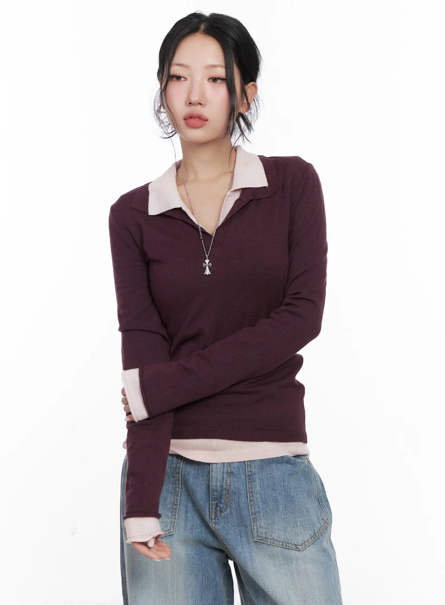 v-neck-collar-long-sleeve-top-cn514 / Dark purple