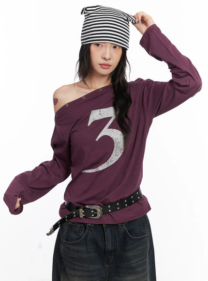 eyelet-graphic-off-shoulder-top-co507 / Dark purple