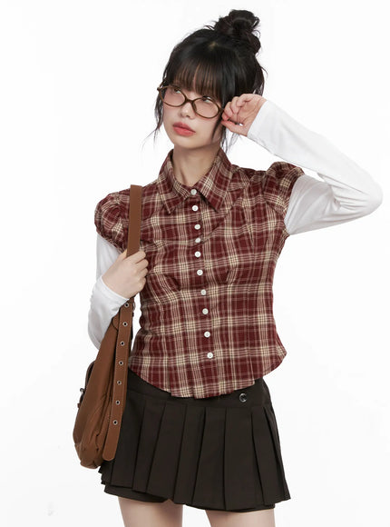 plaid-puff-sleeve-top-cg519 / Dark red