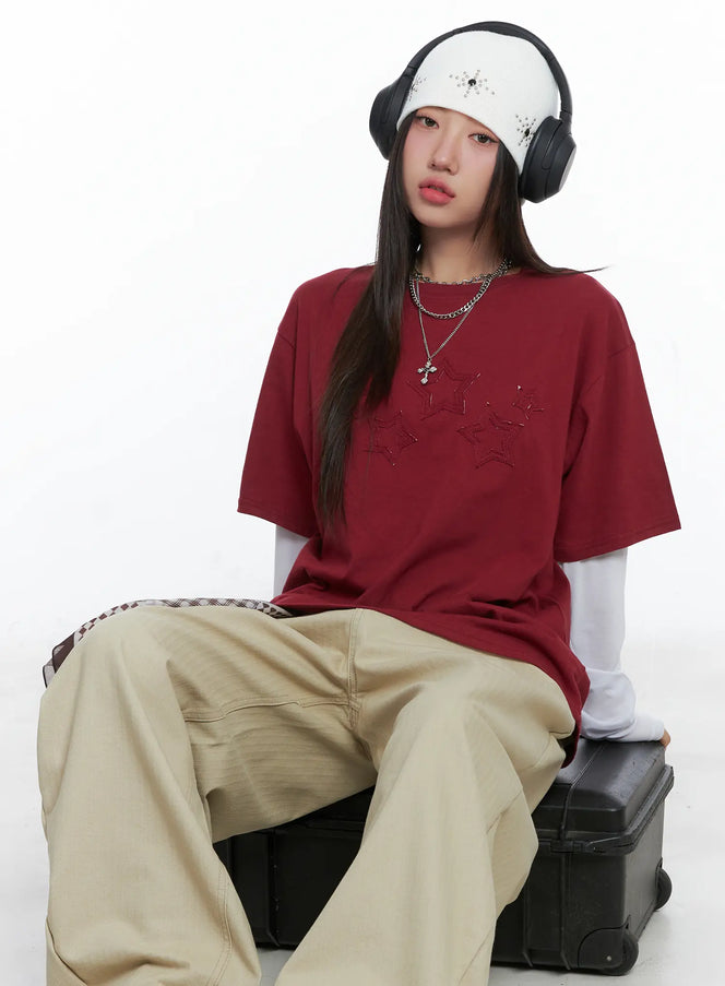 oversized-embroidered-star-patch-tee-cs503 / Red