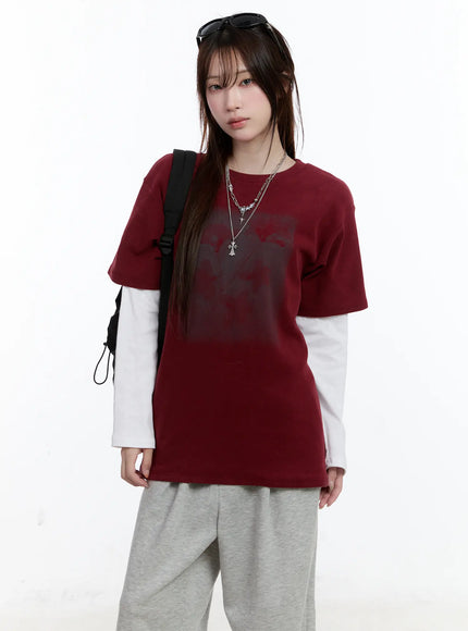 oversized-graphic-fleece-lined-shirt-cn525 / Dark red