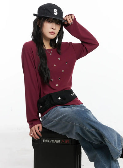 eyelet-heart-boatneck-long-sleeve-tee-cn528 / Dark red