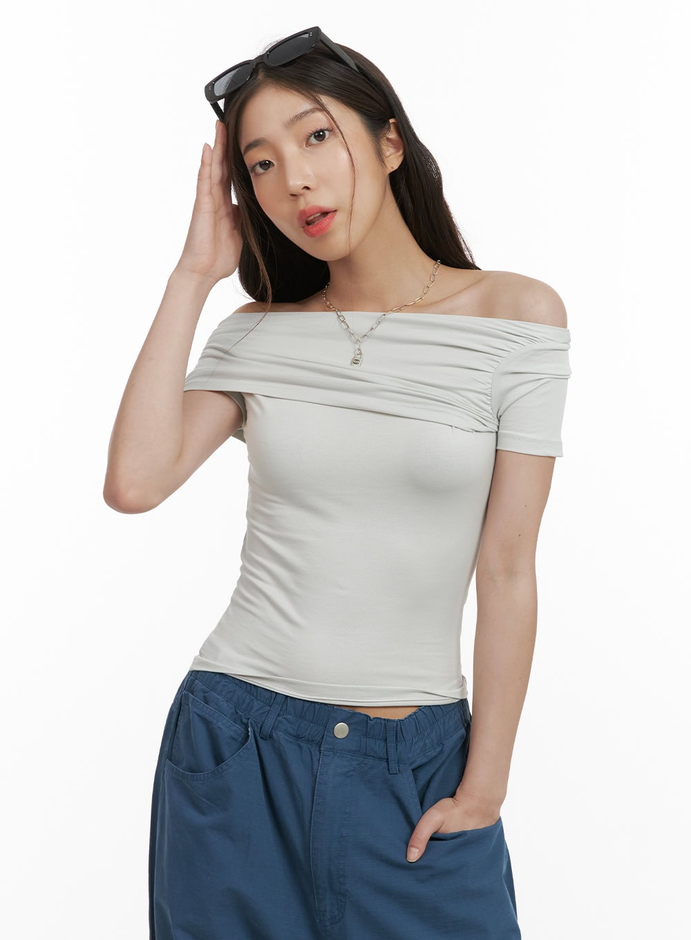 shirred-off-shoulder-slim-top-cy416 / Gray