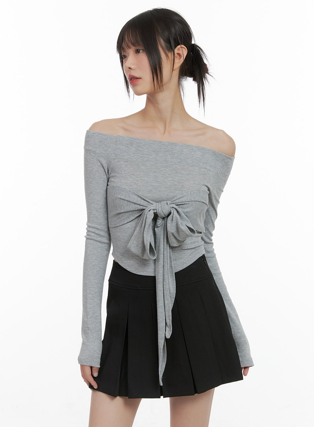 ribbon-tie-off-shoulder-crop-top-cs412 / Gray