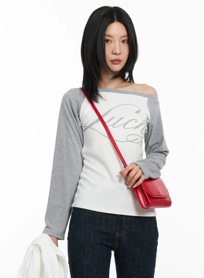 off-shoulder-raglan-long-sleeve-top-cf526 / Gray