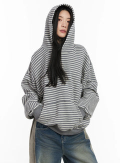 oversized-striped-fleece-hoodie-cd505 / Gray